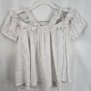 Melrose and Market Off the Shoulder Ruffle Top, Pindot White, Pink, Grey, Medium